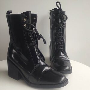 Zara retro Black Lace-Up pleather heeled Ankle Boots